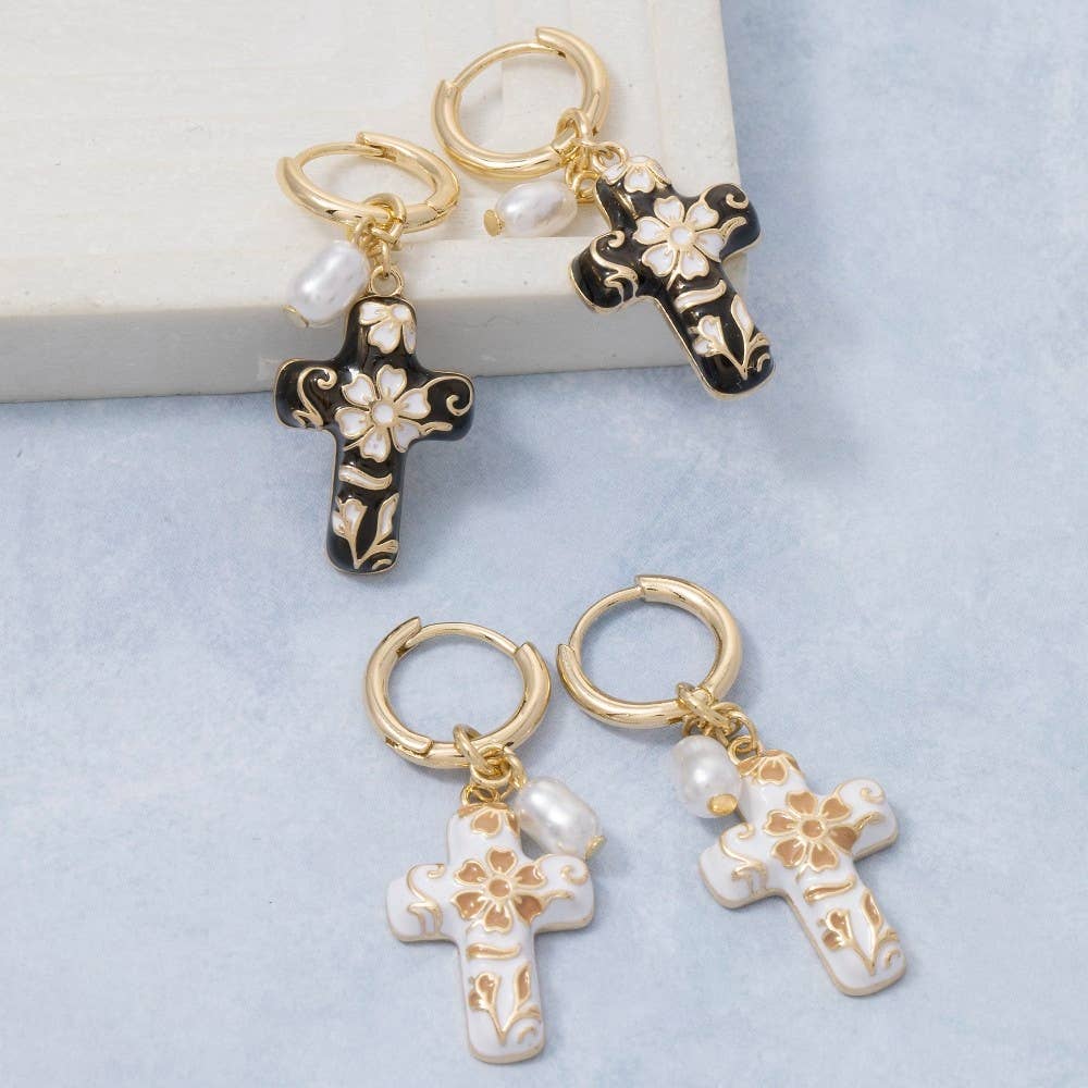 Ceramic Floral Cross And Pearl Charms Hoop Earrings