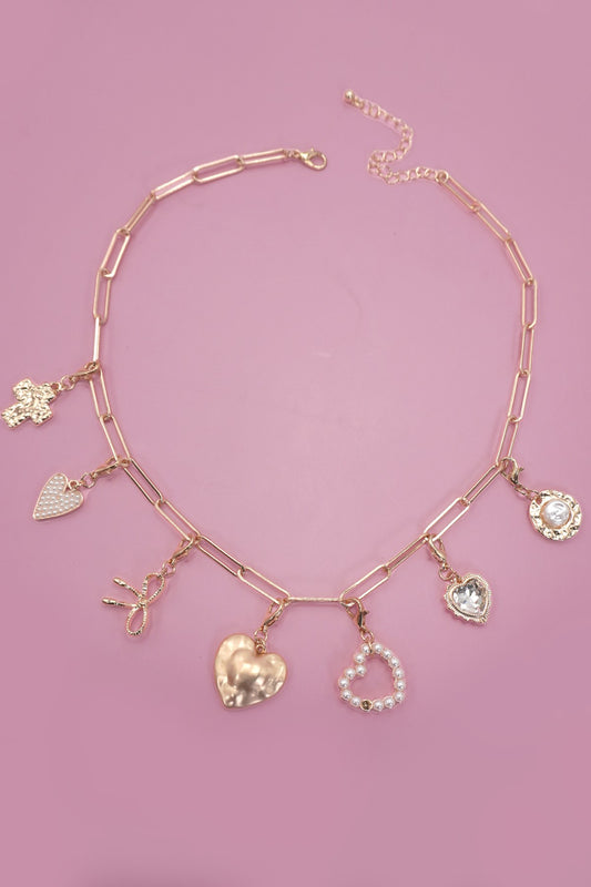 Gold Charm Necklace with Bows and Hearts