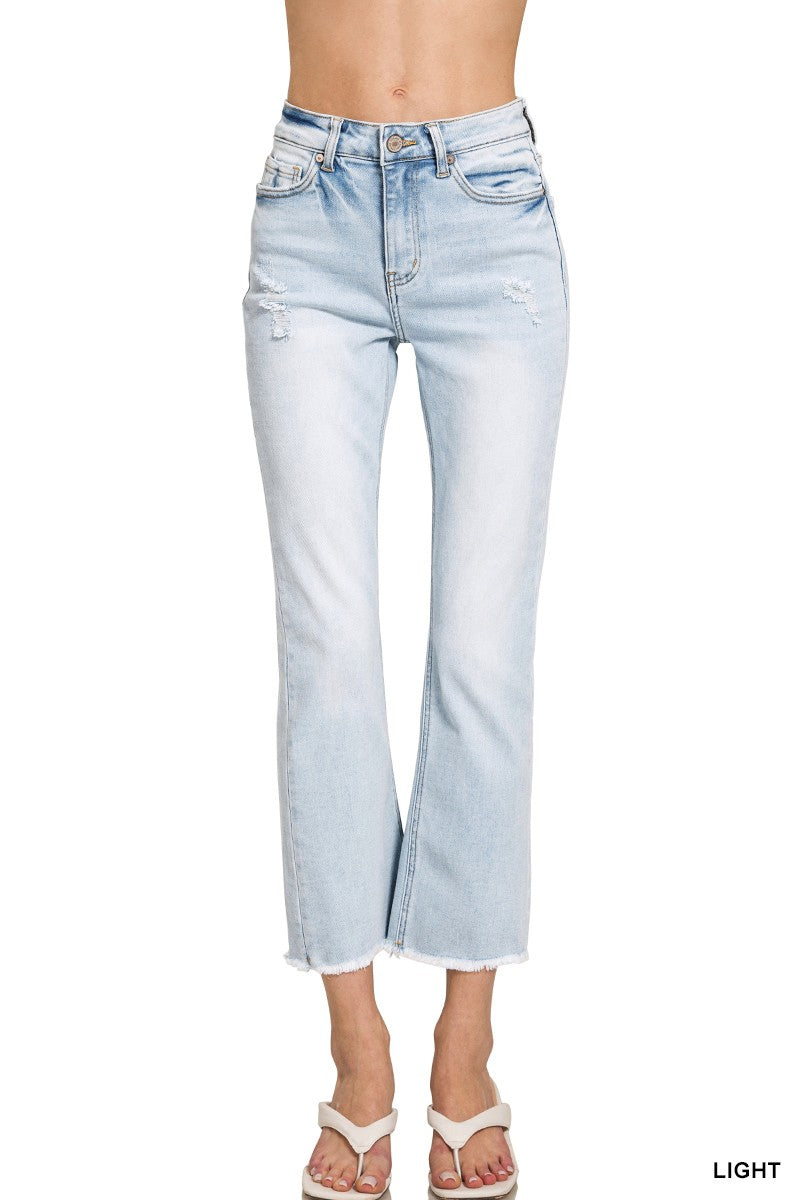 High Rise Straight Raw Hem Cropped Denim Pants