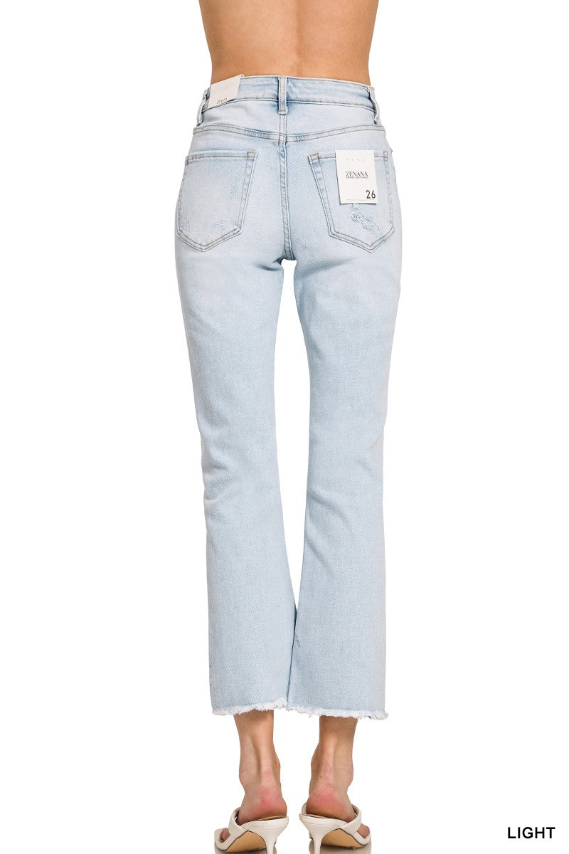 High Rise Straight Raw Hem Cropped Denim Pants