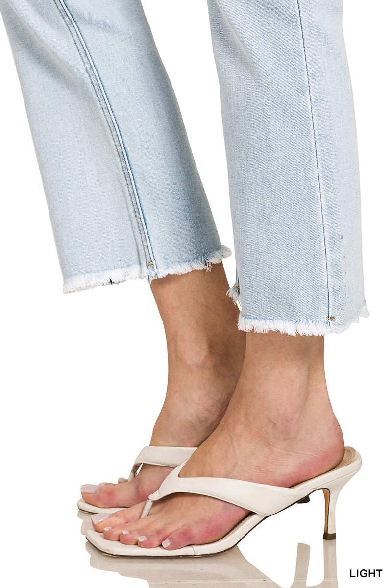 High Rise Straight Raw Hem Cropped Denim Pants