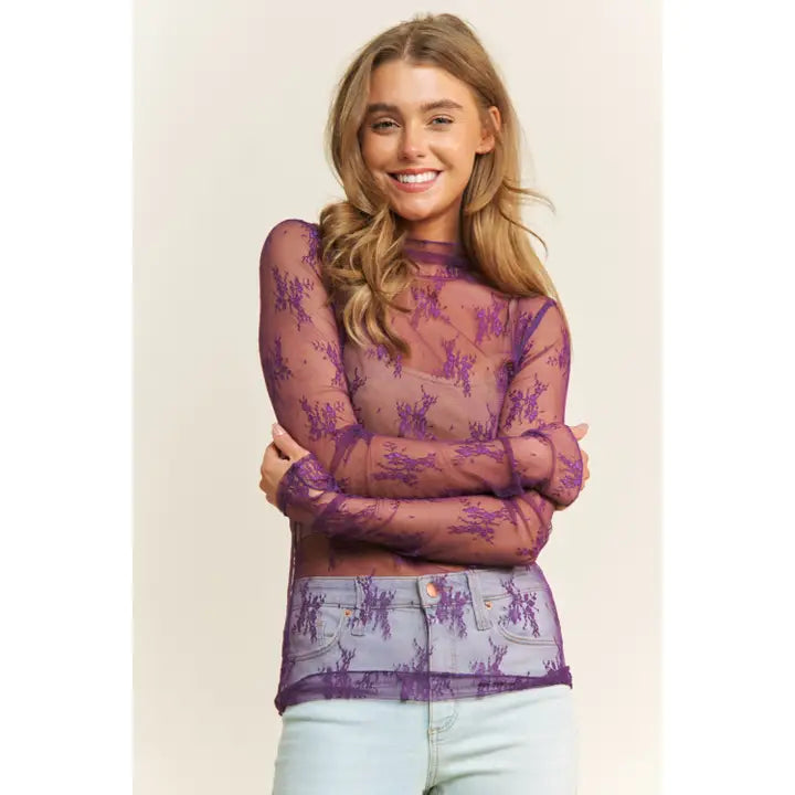 MESH LACE HIGH NECK DESIGN LONG SLEEVE FITTED TOP