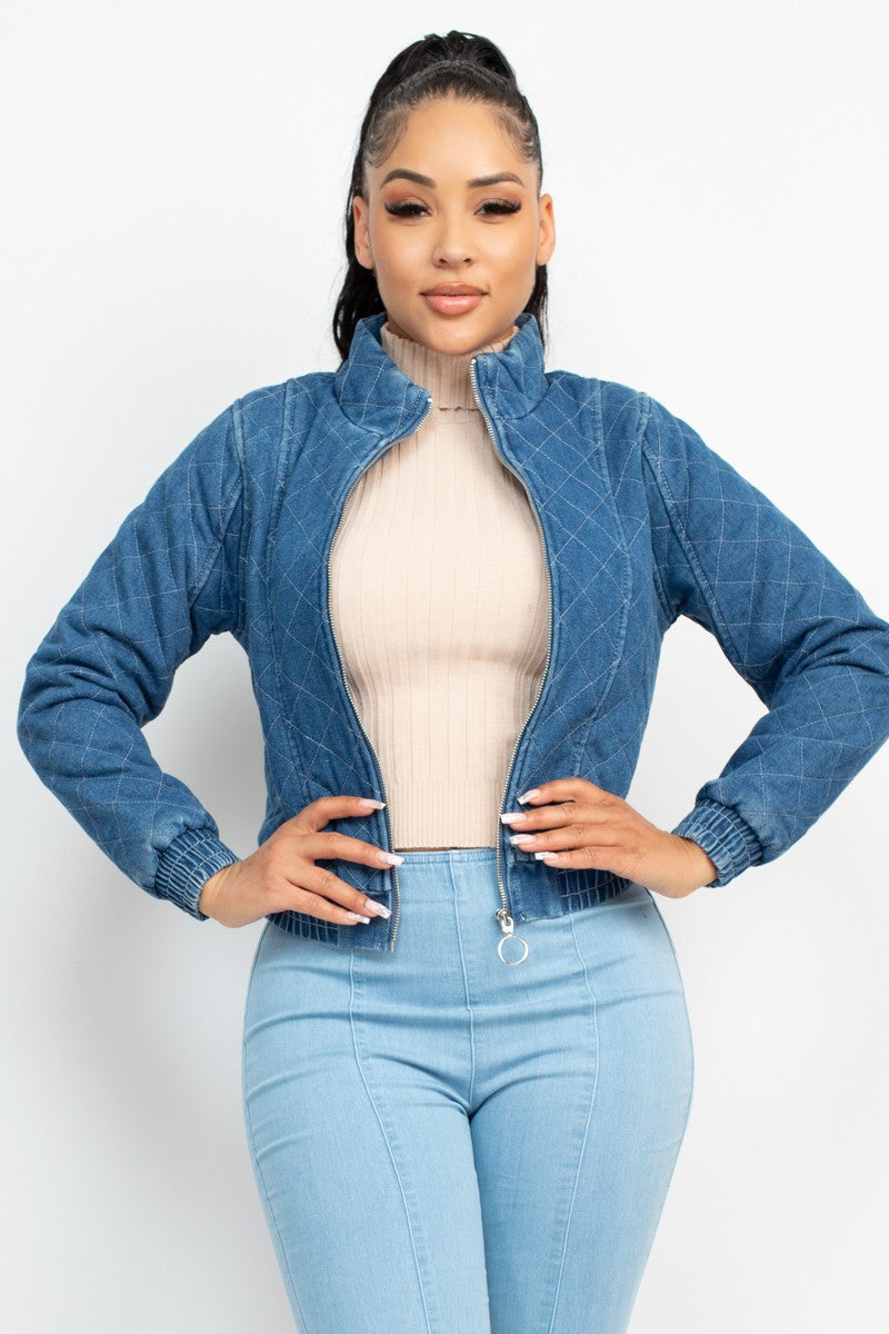 Mock Neck Quilted Denim Jacket