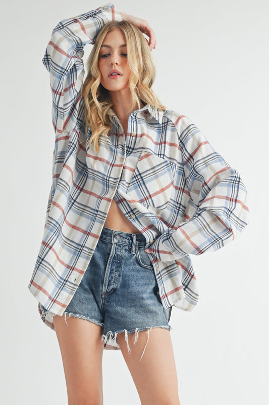 White and Blue Plaid Flannel Shirt